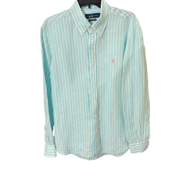Ralph Lauren Men’s Ocean Washed LINEN Button Down Shirt Green/white Stripe Sz L - Picture 1 of 8